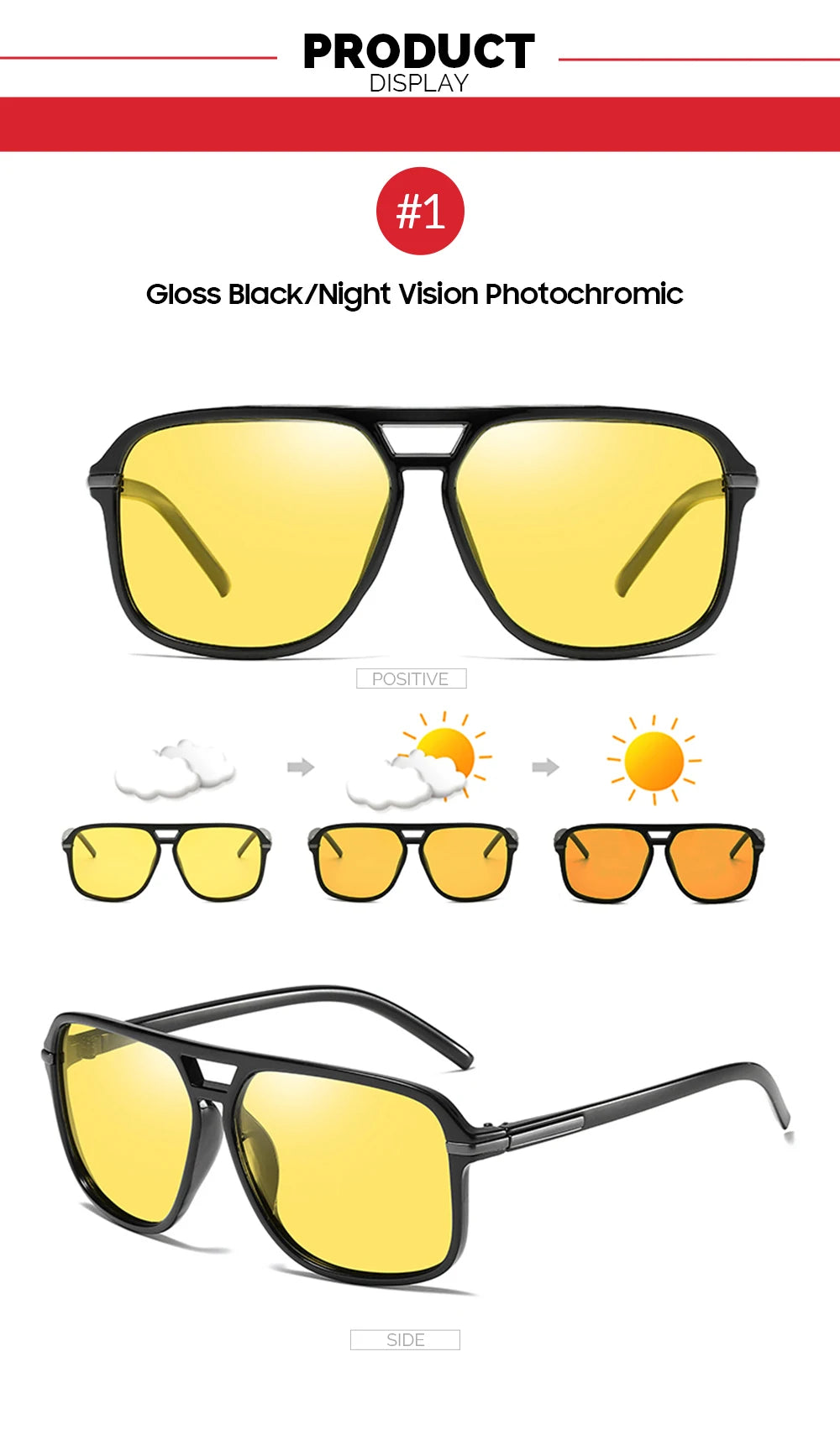 Men Polarized Day and Night Vision Glasses Retro Color Changing Square Oversized Yellow Goggles Women Fashion Driving Shades
