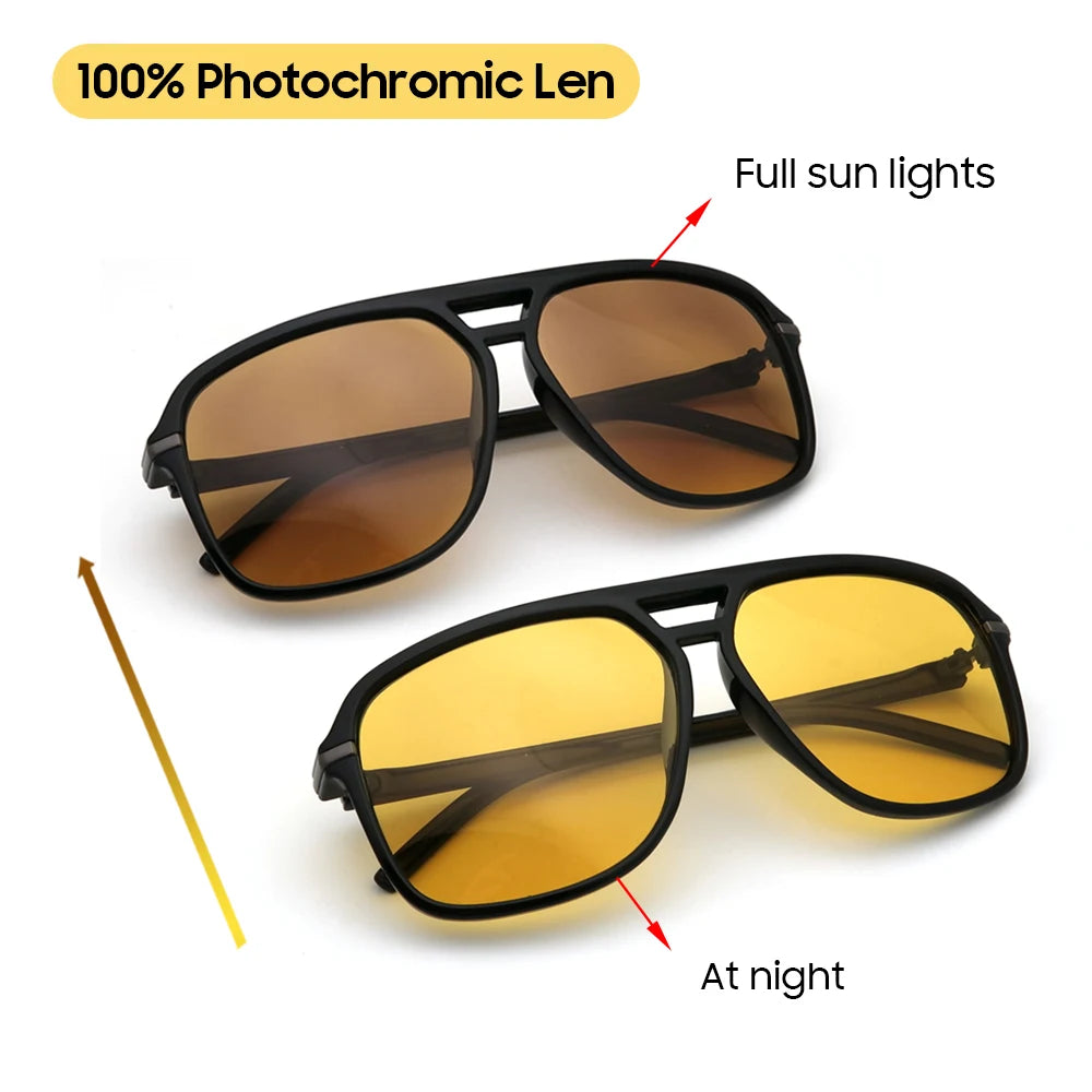Men Polarized Day and Night Vision Glasses Retro Color Changing Square Oversized Yellow Goggles Women Fashion Driving Shades