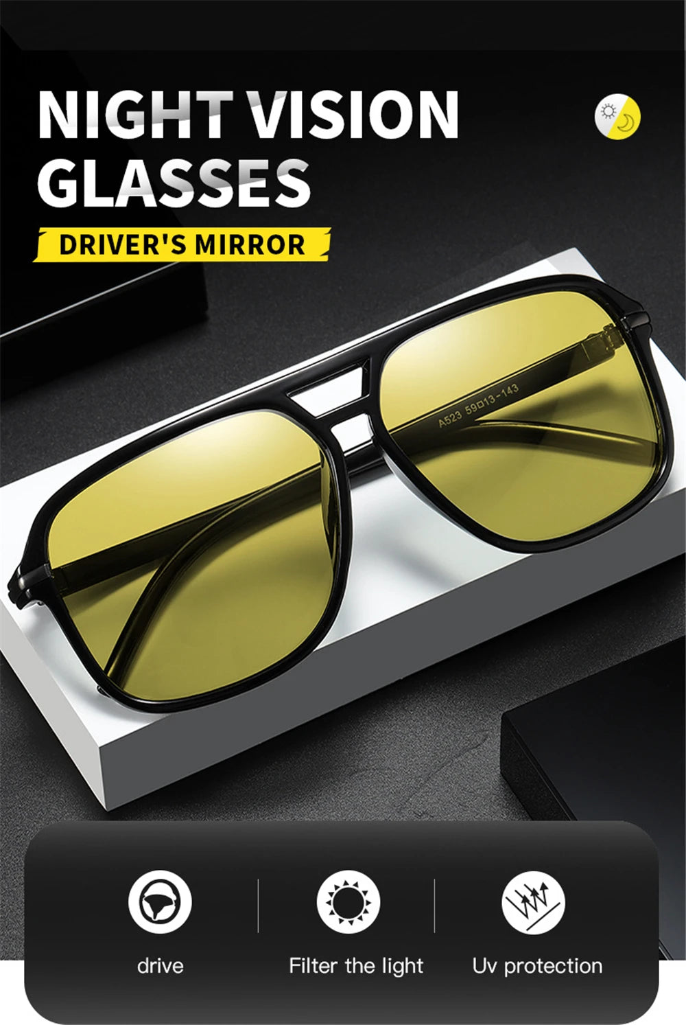 Men Polarized Day and Night Vision Glasses Retro Color Changing Square Oversized Yellow Goggles Women Fashion Driving Shades