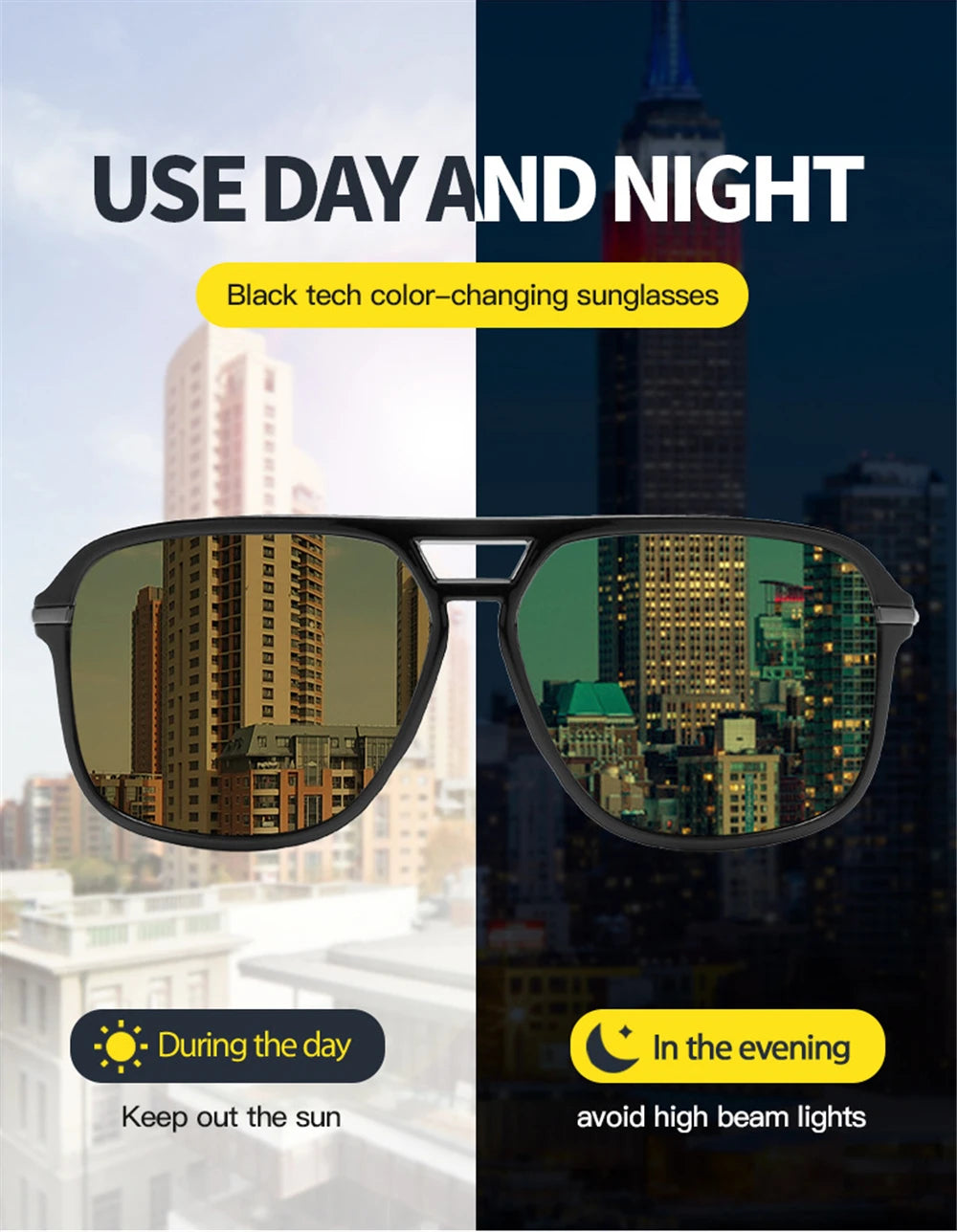 Men Polarized Day and Night Vision Glasses Retro Color Changing Square Oversized Yellow Goggles Women Fashion Driving Shades