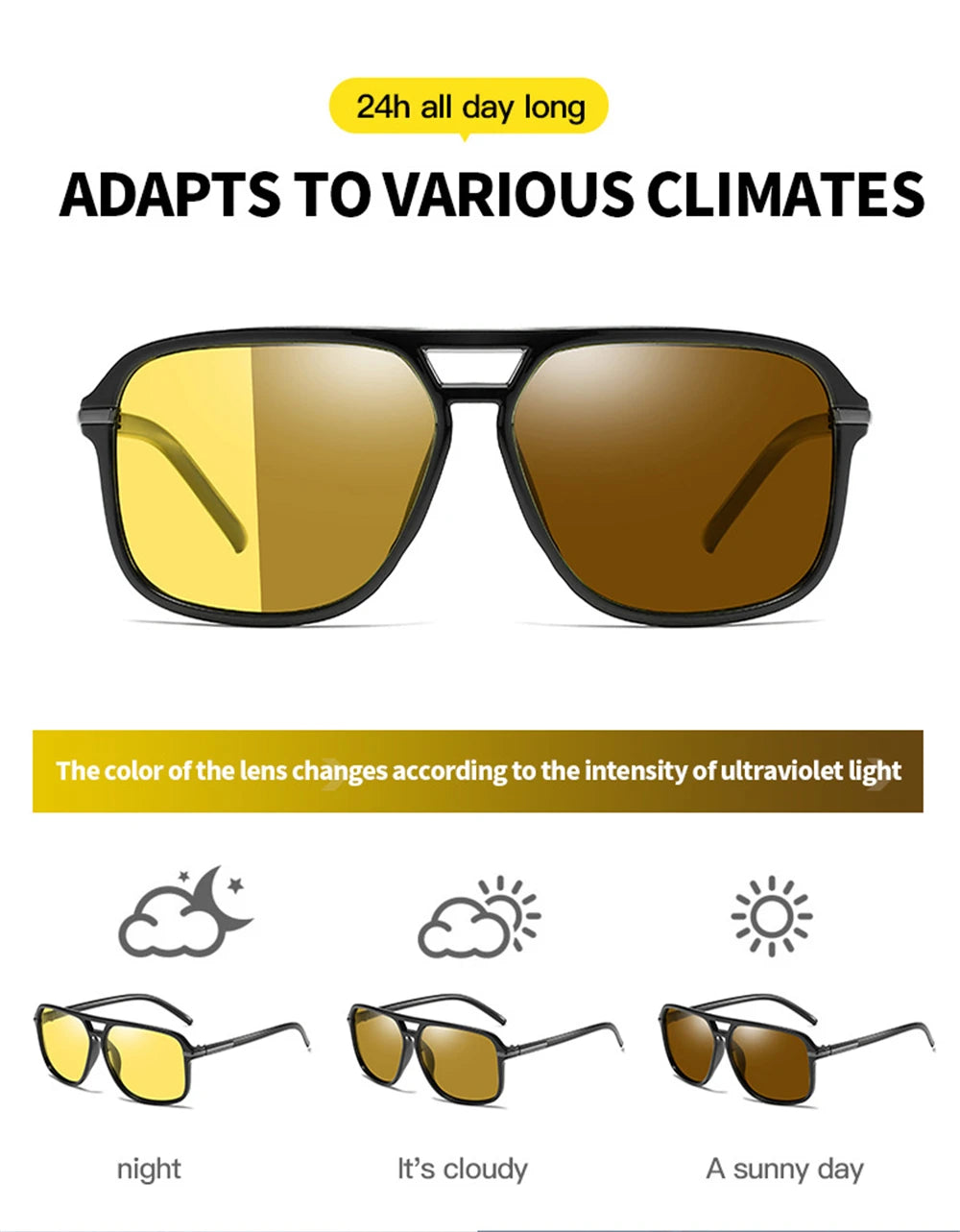 Men Polarized Day and Night Vision Glasses Retro Color Changing Square Oversized Yellow Goggles Women Fashion Driving Shades