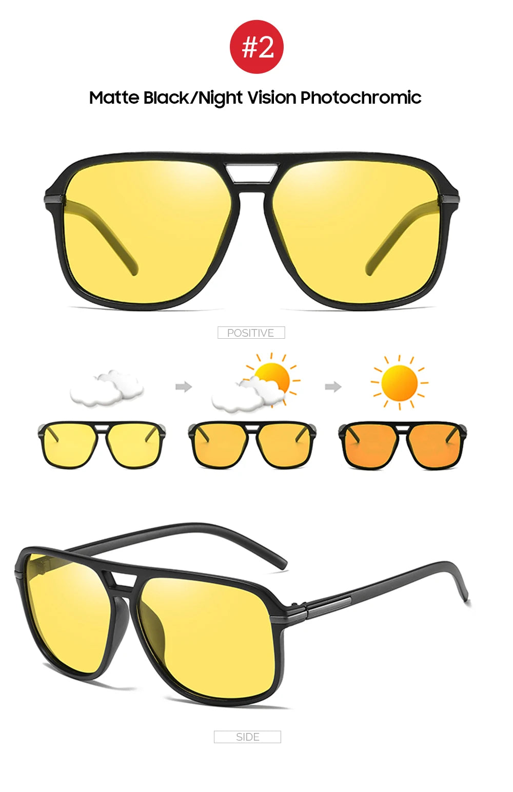 Men Polarized Day and Night Vision Glasses Retro Color Changing Square Oversized Yellow Goggles Women Fashion Driving Shades
