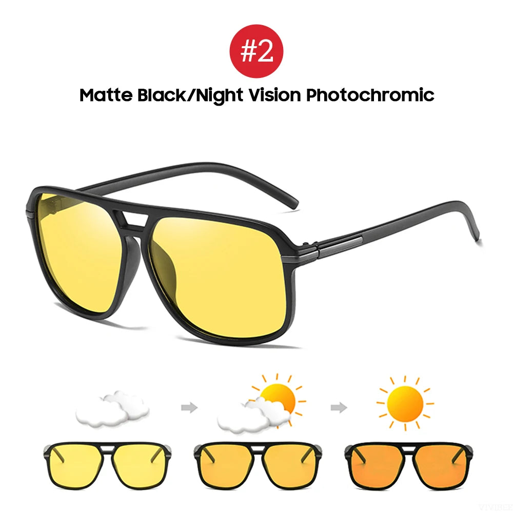 Men Polarized Day and Night Vision Glasses Retro Color Changing Square Oversized Yellow Goggles Women Fashion Driving Shades