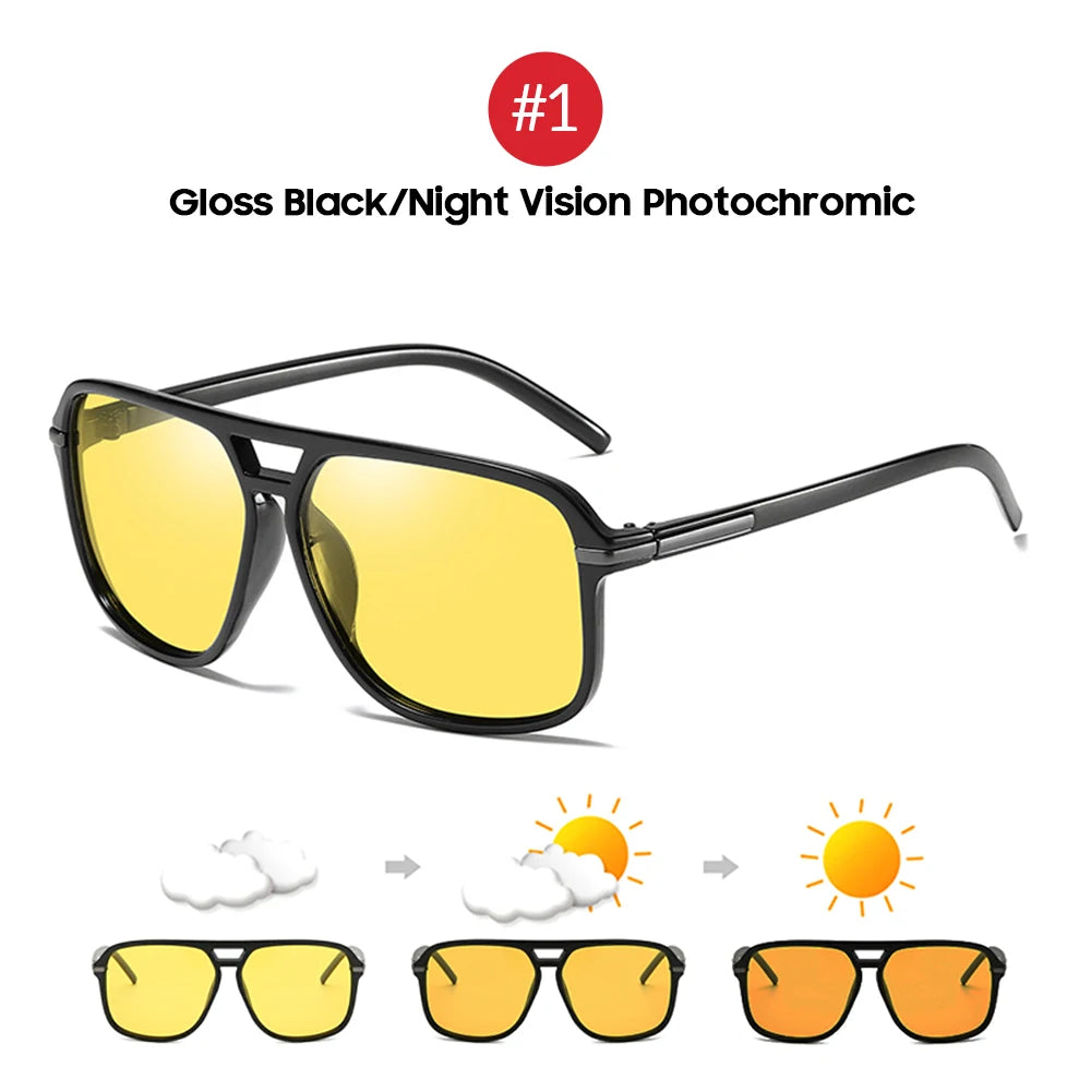 Men Polarized Day and Night Vision Glasses Retro Color Changing Square Oversized Yellow Goggles Women Fashion Driving Shades
